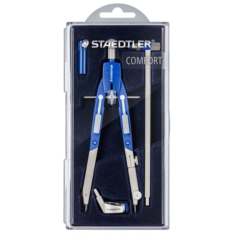 STAEDTLER compas Mars Comfort 552 02, bleu/argent, mécanisme à bouton-poussoir, 170 mm, diamètre de cercle max 360 mm